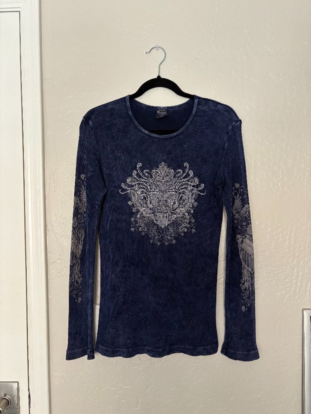 Sledge USA Long Sleeve Y2K Blue Bedazzled Top Size Medium Made in USA 100%Cotton